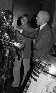 Mayor Kevin White with Mark Hamill and C-3P0 from Star Wars films at Boston City Hall