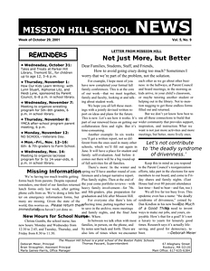 Mission Hill School newsletter, October 29, 2001