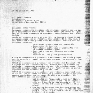 Letter from Carmen T. Ocasio, President of the Festival Puertorriqueño de Massachusetts, to Peter Cuenca, of the Roxbury newspaper La Semana, thanking him for his support