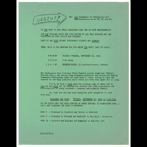 Memorandum to residents of Washington Park Rehabilitation Areas 6, 7, and 1A concerning meeting to be held September 22, 1964