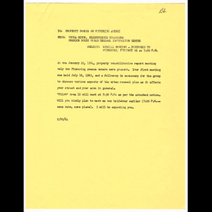 Memorandum from Viola Minor to Pickering Avenue property owners concerning postponement of follow-up meeting to February 20, 1964