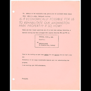 Memorandum from Byron F. Angel, Temporary Chairmen to members of the Washington Park Association of Apartment House Owners about meeting on June 9, 1964