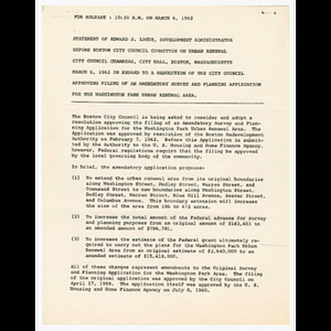 Statement by Edward Logue to Boston City Council about amendatory survey and planning application for Washington Park urban renewal