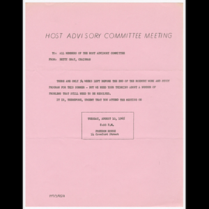 Memorandum from Betty Gray to members of the Host Advisory Committee about attending meeting on August 10, 1965