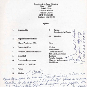 Agenda from Festival Puertorriqueño de Massachusetts, Inc. Board of Direcotrs meeting on May 17, 1995