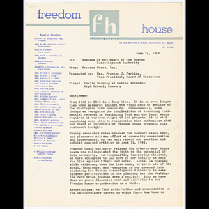 Statement to Boston Redevelopment Authority presented by Mrs. Frances J. Perkins at the Public Hearing at Boston Technical High School, Roxbury, June 25, 1962