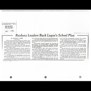 Photocopy of Morning Globe article, Roxbury leaders back Logue's school plan