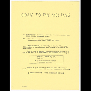 Memorandum from Viola Minor, Neighborhood Coordinator to property owners on Catawba, Laurel St., Pickering Avenue and Dale Street about meeting on January 22, 1964