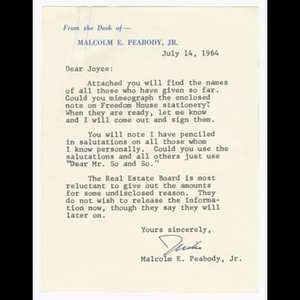 Letter from Malcolm E. Peabody, Jr. to Joyce about thank you letters for those who contributed to Roxbury Work and Study Project including thank you letter template