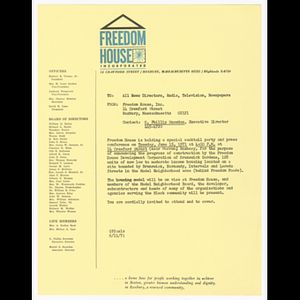 Memorandum from Freedom House about cocktail party and press conference announcing Brunswick Gardens on June 15, 1971