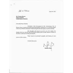 Letter from Governor of Buenos Aires, Mauricio Marci