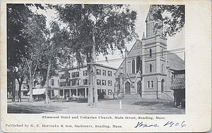 Elmwood Hotel and Unitarian Church Main Street, Reading, Mass.