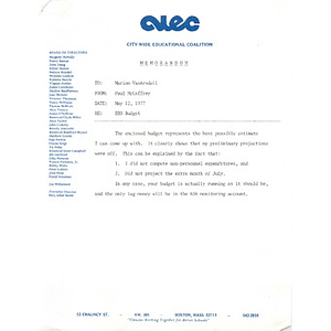 Memo, EEO budget, May 12, 1977.