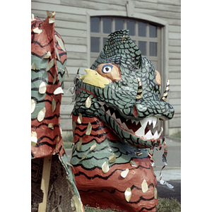 Paper-mache dragon costume for a festival in Boston's Chinatown