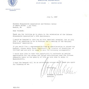 Letter by Governor Michael Dukakis to the Chinese Progressive Association Worker's Center