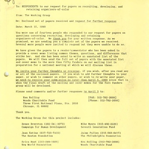 Information about the Funders' Affinity Group on Community Organizing, a working group on organizers-of-color, and a call for papers to community organizations regarding the development and retention of minority organizers