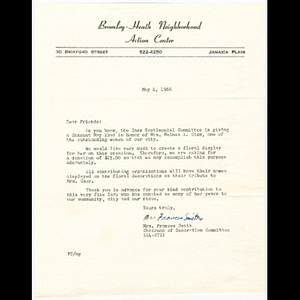 Letter from Mrs. Frances Smith about floral display for Melnea Cass testimonial