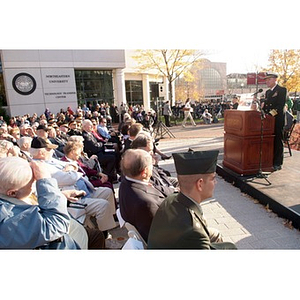 Vice Admiral Mark Fitzgerald speaks to the audience at the Veterans Memorial dedication ceremony