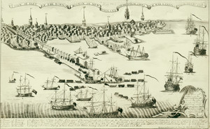 View of part of the town in Boston and New England and British ships of war landing their troops 1768, engraved, printed and sold by Paul Revere, Boston