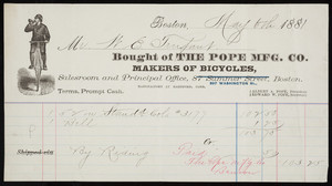 Billhead for The Pope Mfg. Co., makers of bicycles, 597 Washington Street, Boston, Mass., dated May 6, 1881