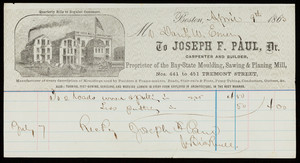 Billhead for Joseph F. Paul, Dr., carpenter & builder, Nos. 441 to 451 Tremont Street, Boston, Mass., dated April 9, 1863