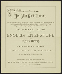 Twelve morning lectures on English literature and English history, Mrs. Abba Gootd Wootson, location unknown, undated