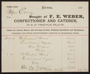 Billhead for F.E. Weber, confectioner and caterer, 25 & 27 Temple Place, Boston, Mass., 1880s