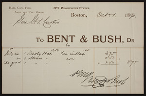 Billhead for Bent & Bush, Dr., hats, caps, furs, army and navy goods, 387 Washington Street, Boston, Mass., dated October 1, 1890