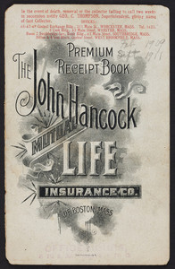 Premium receipt book cover, The John Hancock Mutual Life Insurance Company of Boston, Mass., undated