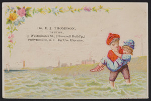 Trade card for Dr. E.J. Thompson, dentist, 91 Westminster Street, Providence, Rhode Island, undated