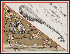 Trade card for the Champion Banjos of America, Fairbanks & Cole, 121 Court Street, Boston, Mass., 1880