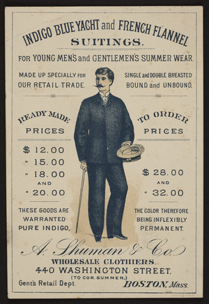 Trade card for A. Shuman & Co., wholesale clothiers, 440 Washington Street to corner Summer, Boston, Mass., ca. 1885