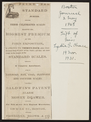 Advertisement for Fairbanks' Standard Scales, Fairbanks, Brown & Co., 118 Milk Street, Boston, Mass., May 2, 1868