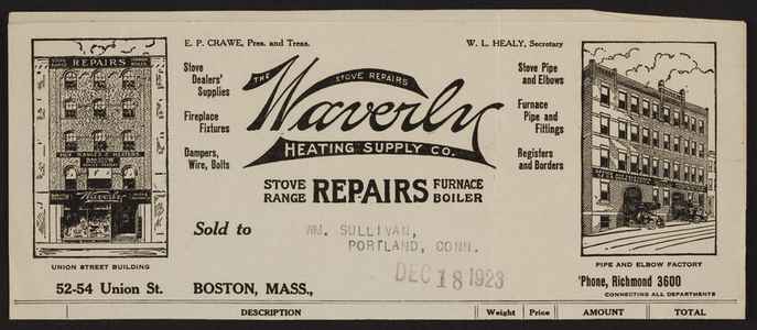 Billhead for The Waverly Heating Supply Co., stove, range, furnace, boiler repairs, 52-54 Union Street, Boston, Mass., dated December 18, 1923