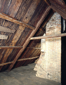 View of the attic, showing roof and chimney, Boardman House, Saugus, Mass.