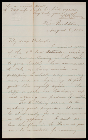 [Bernard] R. Green to Thomas Lincoln Casey, August 8, 1881