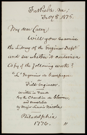 [Truman] Seymour to Thomas Lincoln Casey, February 8, 1875