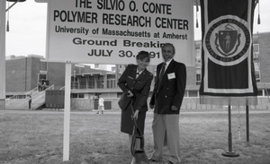 Ceremonial groundbreaking for the Conte Center: unidentified woman in army uniform and man at groundbreaking