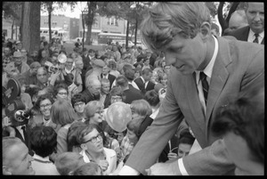 Robert F. Kennedy greeting the crowd in front of the Noble County courthouse during the Turkey Day festivities