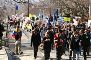 Marchers in streets of New Paltz: rally and march against the Iraq War