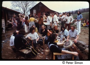 Gathering with musical instruments at the May Day celebration, Packer Corners commune