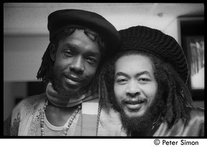 Peter Tosh (left) with unidentified man, backstage on Saturday Night Live: close-up