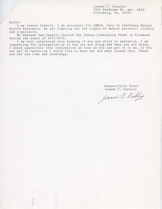 Letter from Joanne C. Carwile to Judi Chamberlin