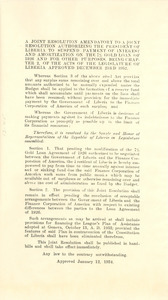 Joint Resolution amendatory to a joint resolution authorizing the President of Liberia to suspend payment of interest and amortization on the 7% gold loan of 1926 and for other purposes
