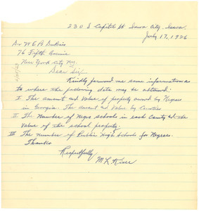 Letter from M. L. Kiser to W. E. B. Du Bois