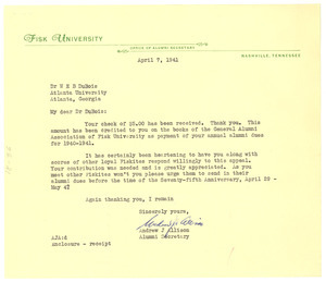 Letter from Andrew J. Allison to W. E. B. Du Bois