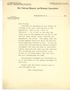 Circular letter from the National Pageant and Dramatic Association to unidentified correspondent