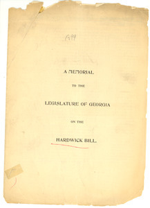 A memorial to the legislature of Georgia on the hardwick bill