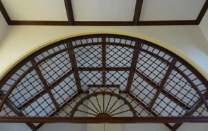 Clapp Memorial Library: interior view of decorative wooden arch