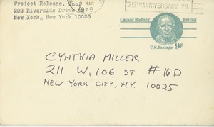 Letter from Project Release to Cynthia Miller